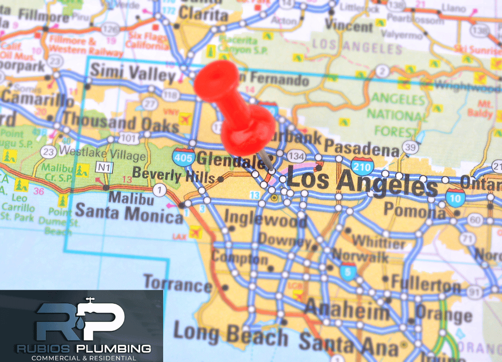 LA County Map Pin Map of Los Angeles with red pushpin marking Rubio’s Plumbing service area